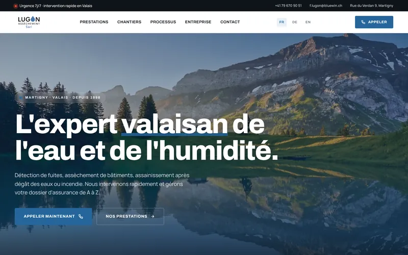 Page d’accueil du site de Lugon Assèchement, avec son titre et son bouton d’appel d’urgence